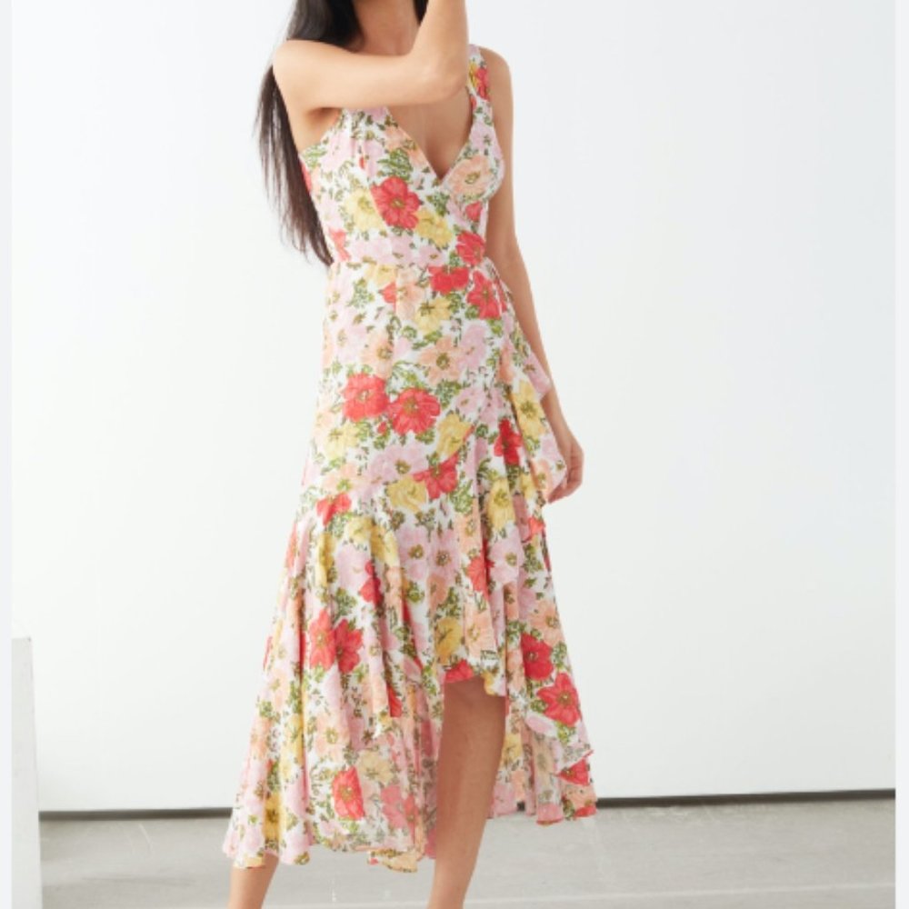 & Other Stories Floral Midi Dress - Pink and Yellow